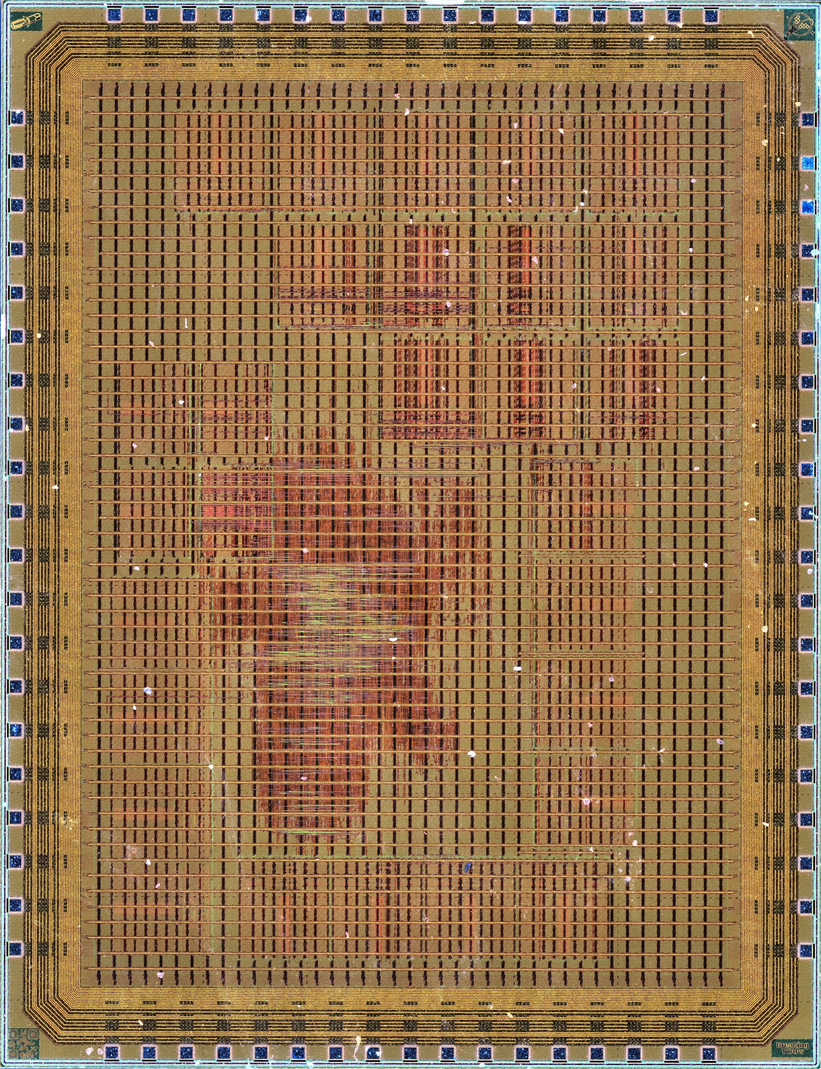 Full die scan in gold and copper with a blue pad ring